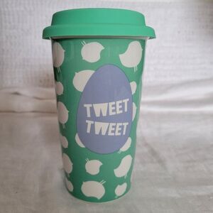 Holiday Home Ceramic Mug Double walled w/lid Tweet Hop To It hot beverage cup
